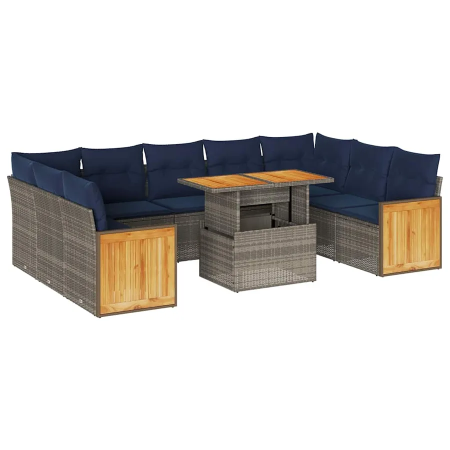 Salon de jardin avec coussins 10 pcs gris résine tressée acacia - 2