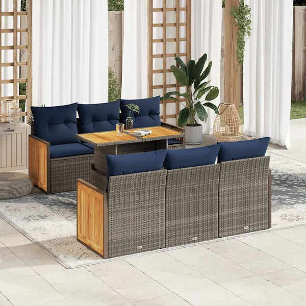 Salon de jardin avec coussins 7 pcs gris résine tressée acacia