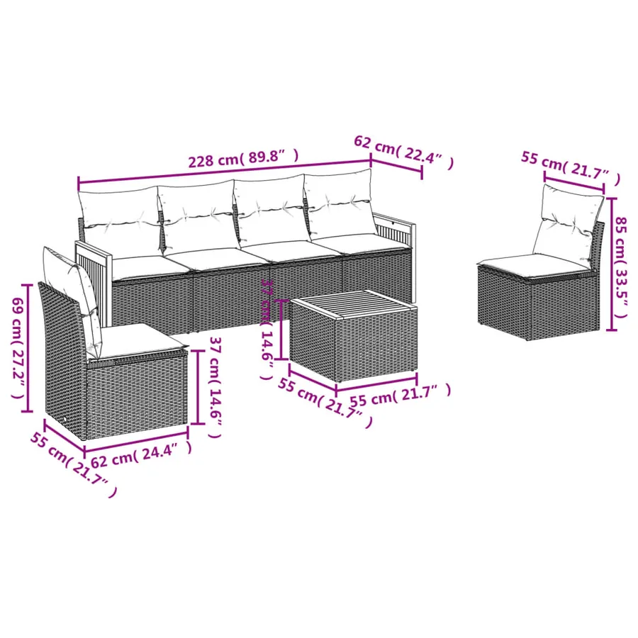 Ensemble de canapé de jardin 7 pcs avec coussins gris résine tressée - 7