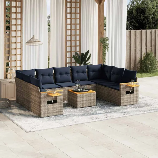 Salon de jardin 10 pcs avec coussins gris résine tressée