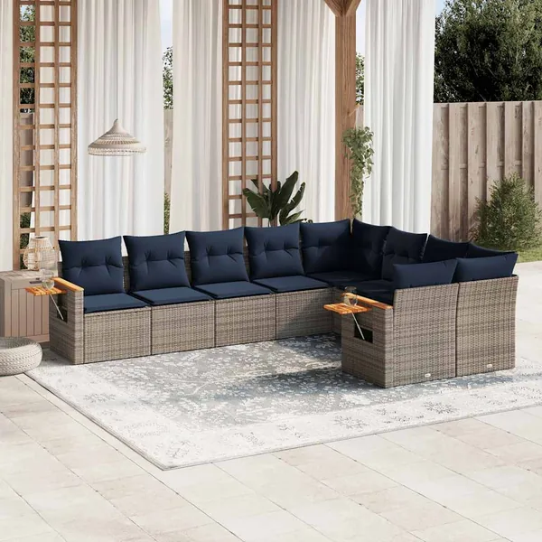 Salon de jardin 9 pcs avec coussins gris résine tressée