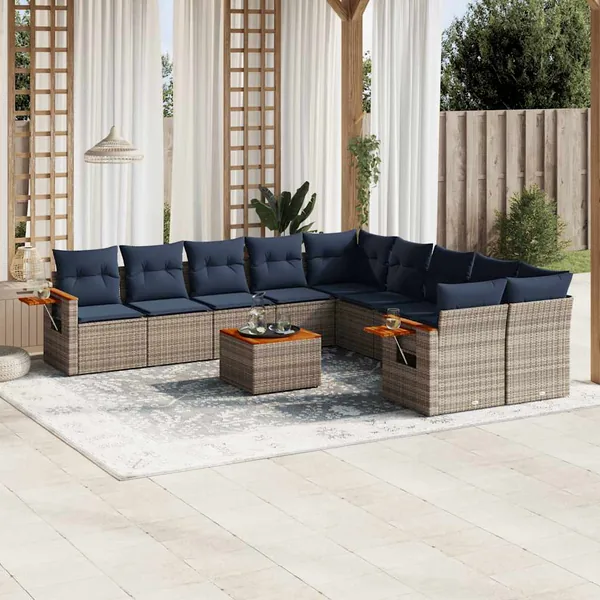 Salon de jardin 11 pcs avec coussins gris résine tressée