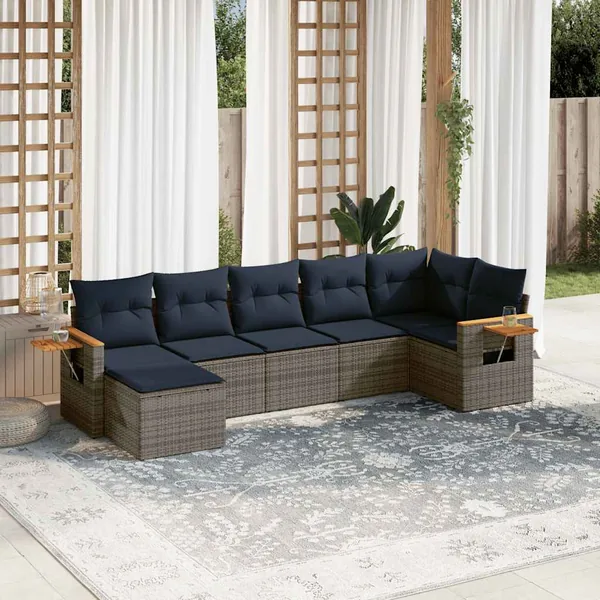 Salon de jardin 7 pcs avec coussins gris résine tressée