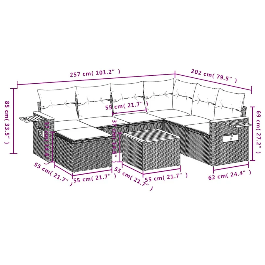 Salon de jardin 8 pcs avec coussins gris résine tressée - 10