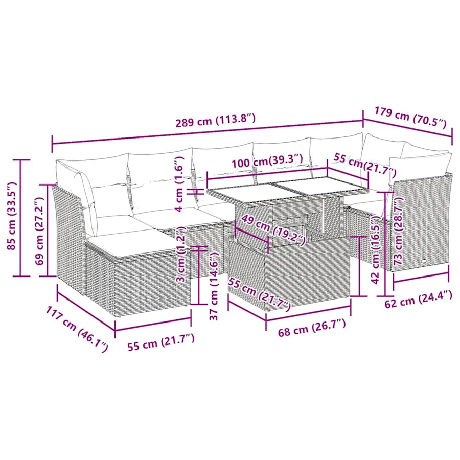 Salon de jardin avec coussins 8 pcs gris résine tressée acacia - 14