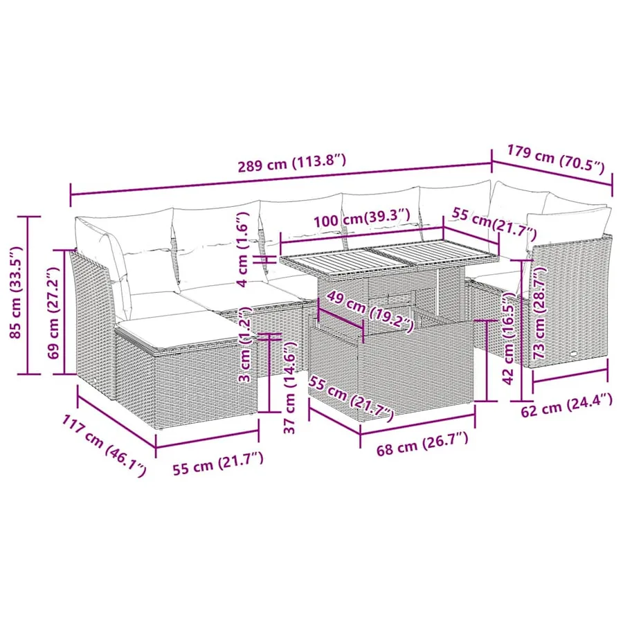 Salon de jardin 8 pcs avec coussins gris résine tressée - 14