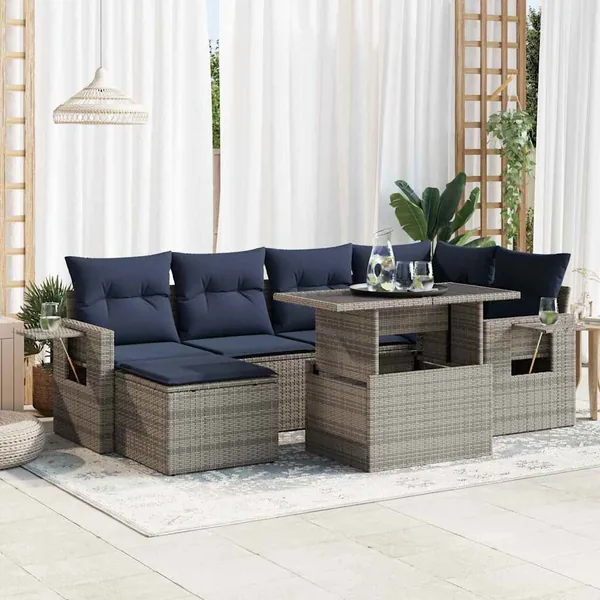 Salon de jardin avec coussins 7 pcs gris résine tressée acacia