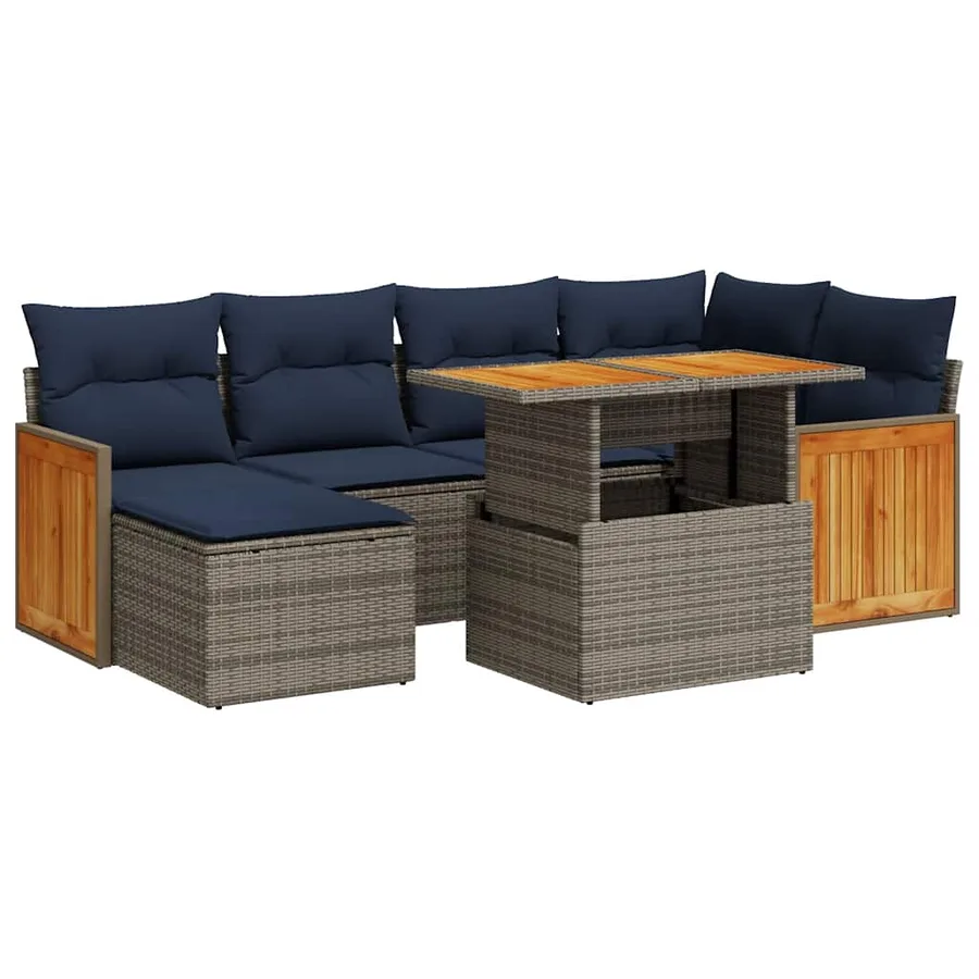 Salon de jardin avec coussins 7 pcs noir résine tressée acacia - 2