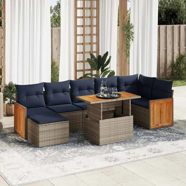 Salon de jardin 8pcs avec coussins marron résine tressée acacia