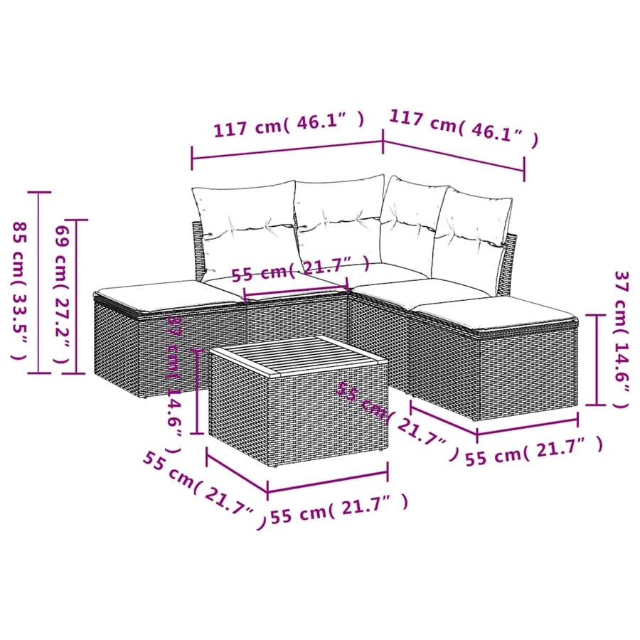 Ensemble de canapé de jardin 6 pcs avec coussins gris résine tressée - 11