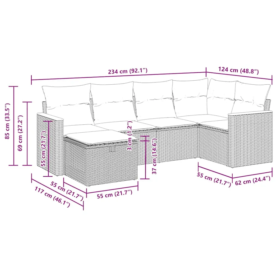 Salon de jardin 6 pcs avec coussins gris résine tressée - 14