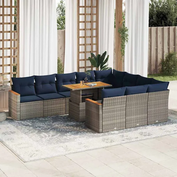 Salon de jardin 11 pcs avec coussins gris résine tressée