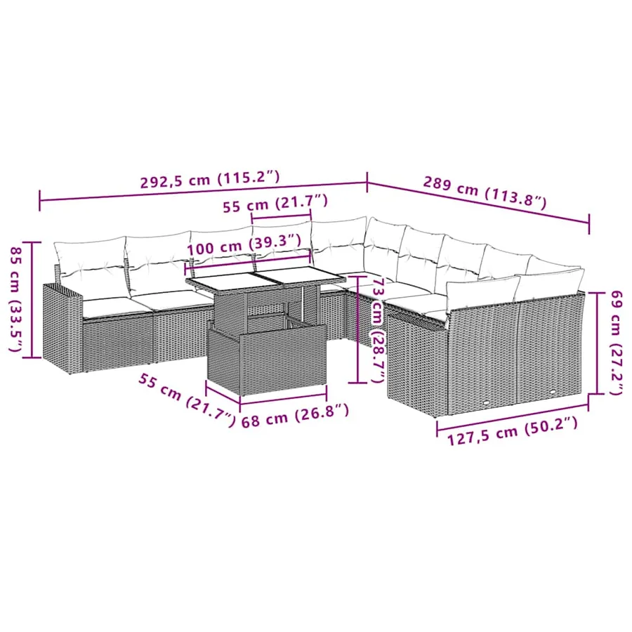 Ensemble de canapé de jardin 11 pcs avec coussins marron résine tressée - 10