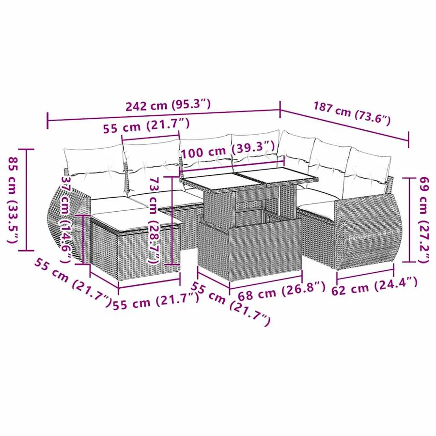 Ensemble de canapé de jardin 8 pcs avec coussins marron résine tressée - 11