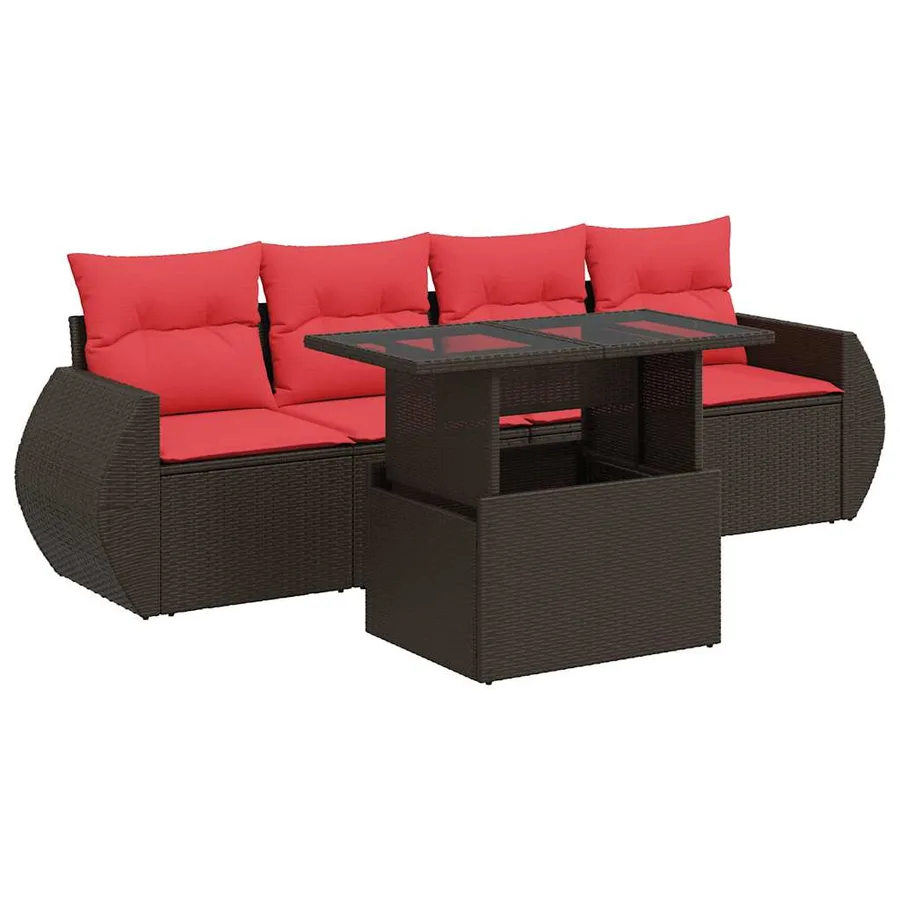 Salon de jardin avec coussins 5pcs marron résine tressée acacia - 2