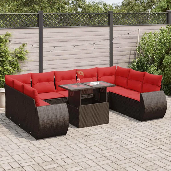 Salon de jardin 10 pcs et coussins marron résine tressée acacia