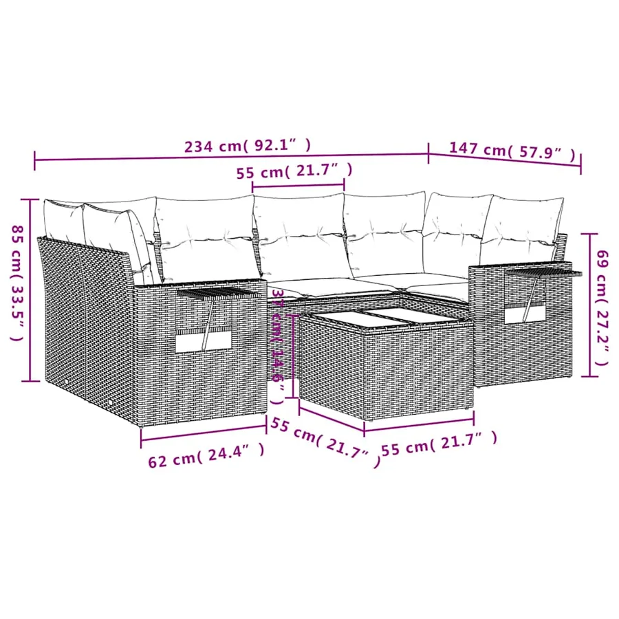 Ensemble de canapé de jardin 7 pcs avec coussins gris résine tressée - 9