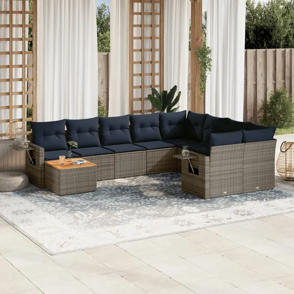 Ensemble de canapé de jardin 10 pcs avec coussins gris résine tressée