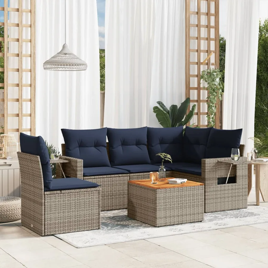 Ensemble de canapé de jardin 6 pcs avec coussins gris résine tressée