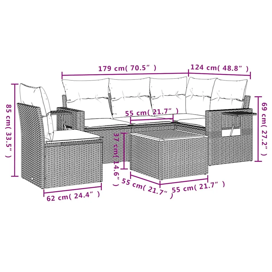 Ensemble de canapé de jardin 6 pcs avec coussins gris résine tressée - 10