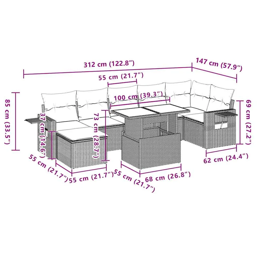 Ensemble de canapé de jardin 8 pcs avec coussins gris résine tressée - 12