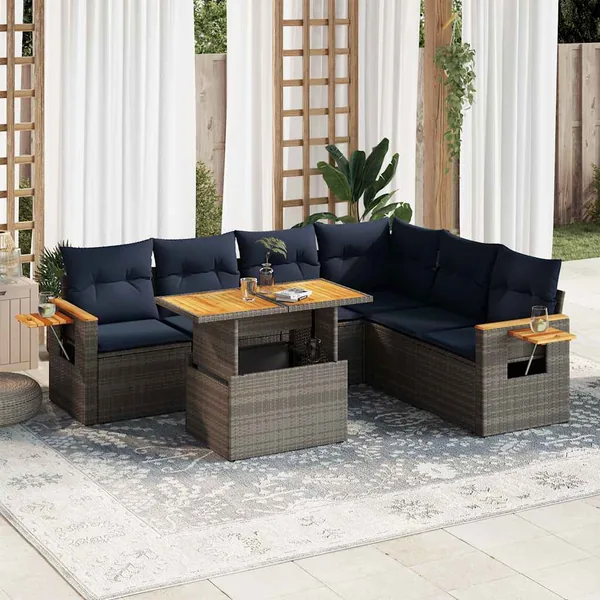 Salon de jardin avec coussins 7 pcs gris résine tressée acacia