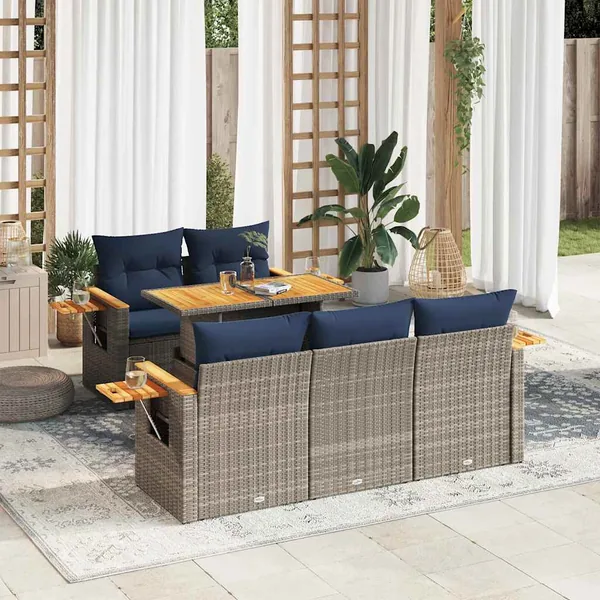 Salon de jardin 6 pcs avec coussins gris résine tressée