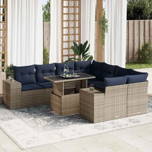 Salon de jardin avec coussins 9 pcs gris résine tressée acacia