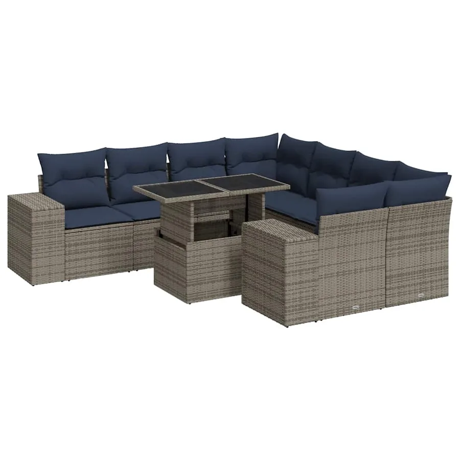 Salon de jardin avec coussins 9 pcs gris résine tressée acacia - 2