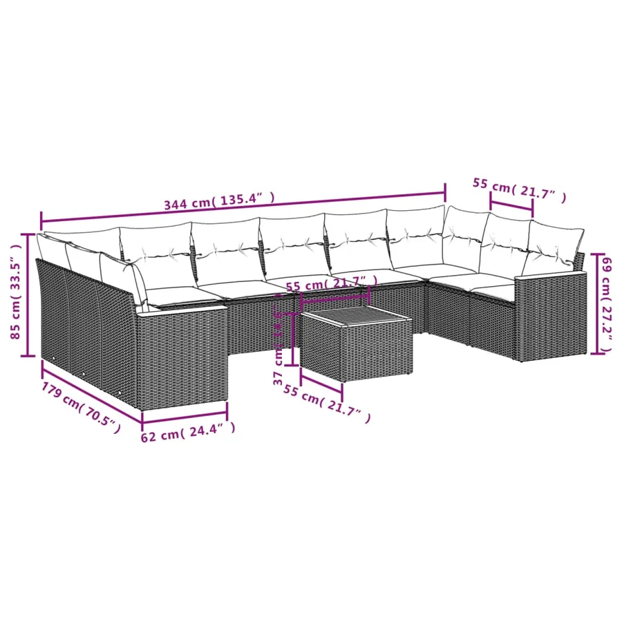 Ensemble de canapé de jardin 11 pcs avec coussins gris résine tressée - 8
