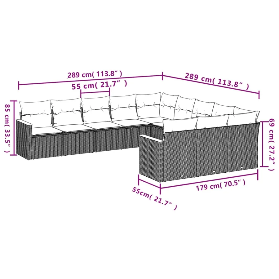 Ensemble de canapé de jardin 11 pcs avec coussins gris résine tressée - 7