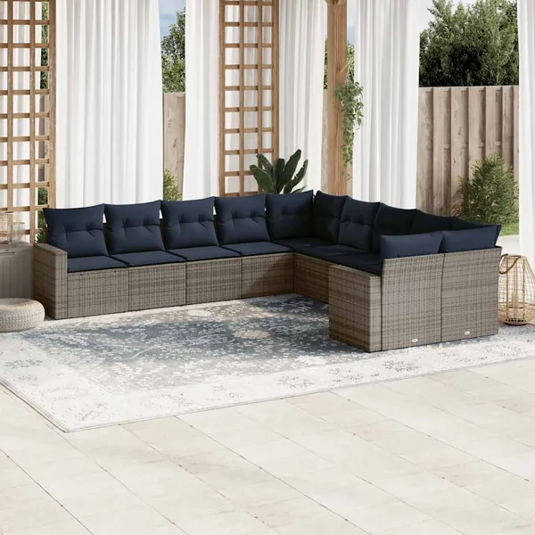 Salon de jardin 10 pcs avec coussins gris résine tressée
