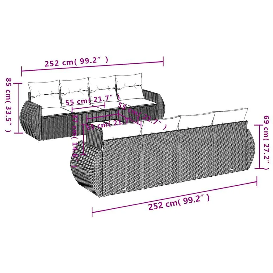 Ensemble de canapé de jardin 9 pcs avec coussins gris résine tressée - 8