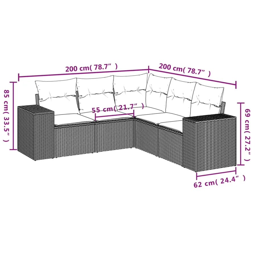 Ensemble de canapé de jardin 5 pcs avec coussins marron résine tressée - 7