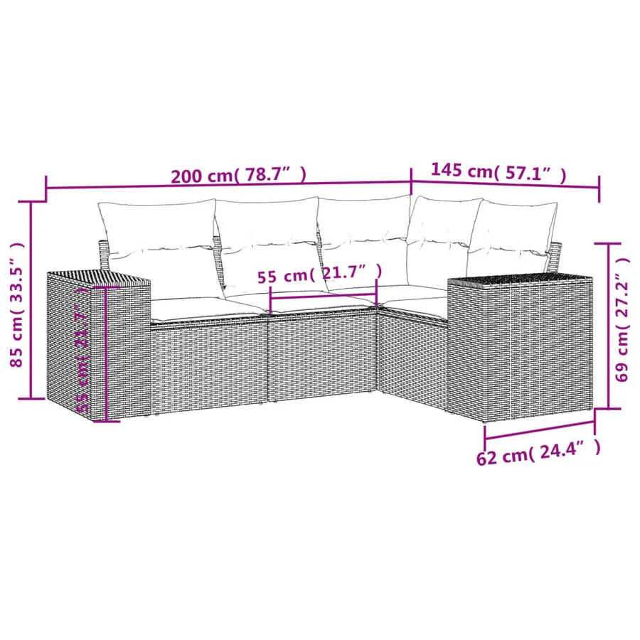 Ensemble de canapé de jardin 4 pcs avec coussins marron résine tressée - 7