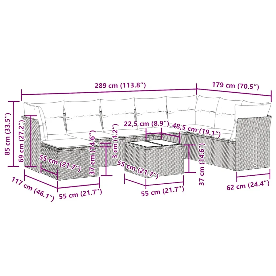 Salon de jardin avec coussins 9 pcs marron résine tressée - 12