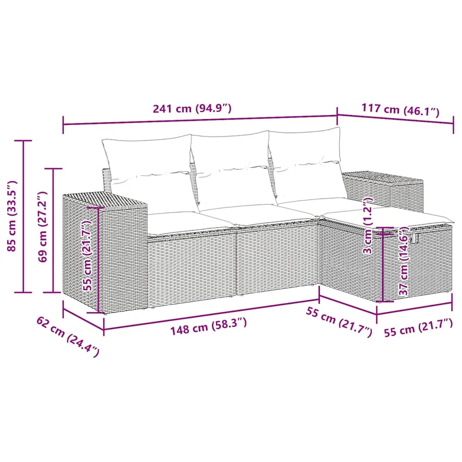 Salon de jardin 4 pcs avec coussins marron résine tressée - 12