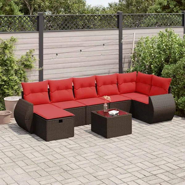Salon de jardin 8 pcs avec coussins marron résine tressée