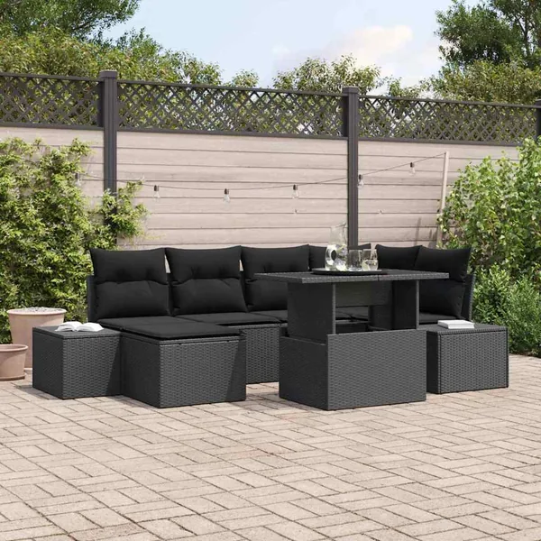 Ensemble de canapé de jardin avec coussin 7 pcs Noir polyrotin