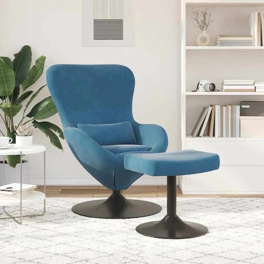 Chaise Œuf avec Pouf with Footstool Bleu Velours - 3