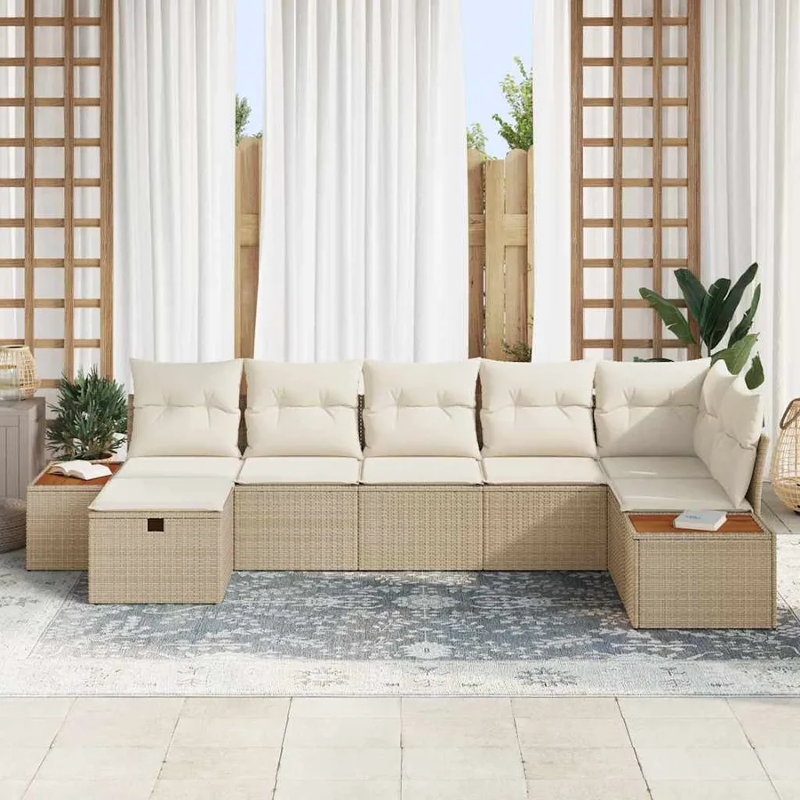 Ensemble de canapé de jardin avec coussin 7 pcs Beige polyrotin - 3