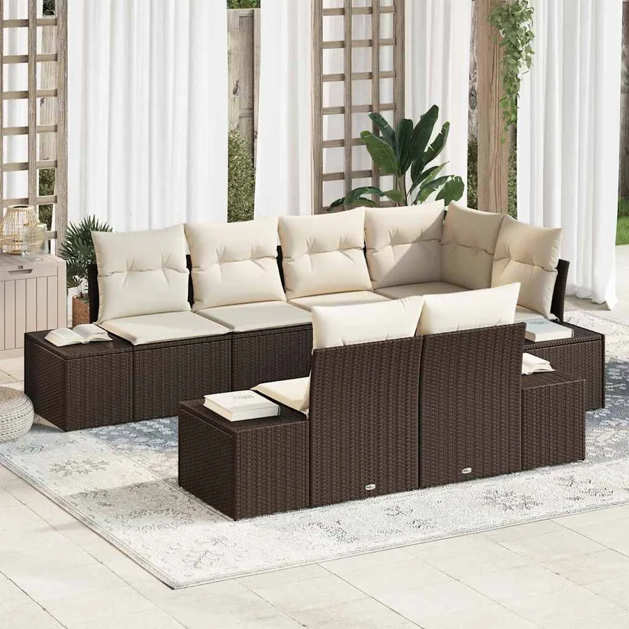 Ensemble de canapé de jardin 7 pcs Marron et Crème polyrotin