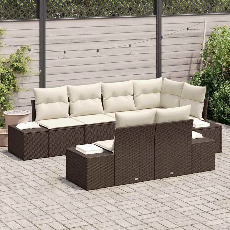 Ensemble de canapé de jardin 7 pcs Marron et Crème polyrotin - 3