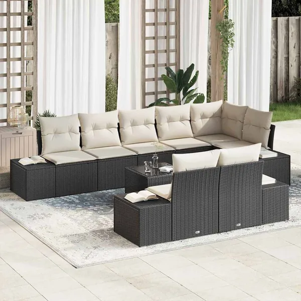 Ensemble de canapé de jardin Noir et Crème Poly rotin