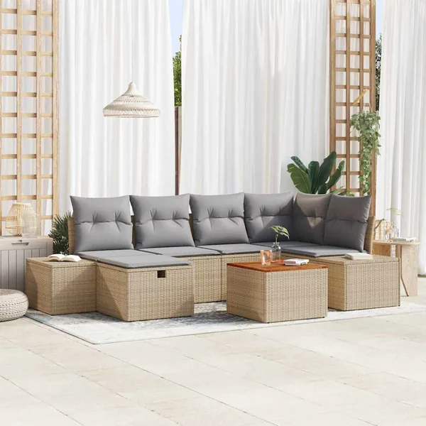 Ensemble de canapé de jardin 7 pcs Beige Poly rotin