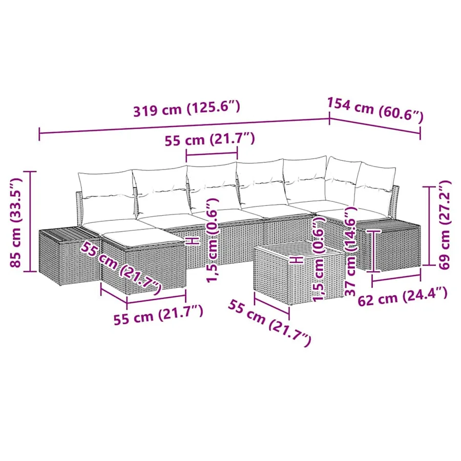 Ensemble de canapé de jardin avec coussin 8 pcs Noir polyrotin - 10