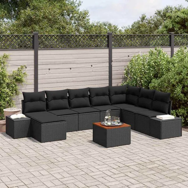 Ensemble de canapé de jardin avec coussin 9 pcs Noir polyrotin