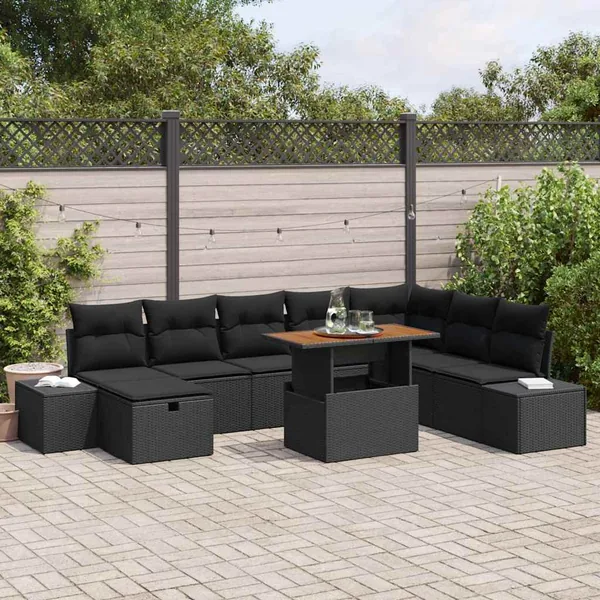 Ensemble de canapé de jardin avec coussin 9 pcs Noir polyrotin