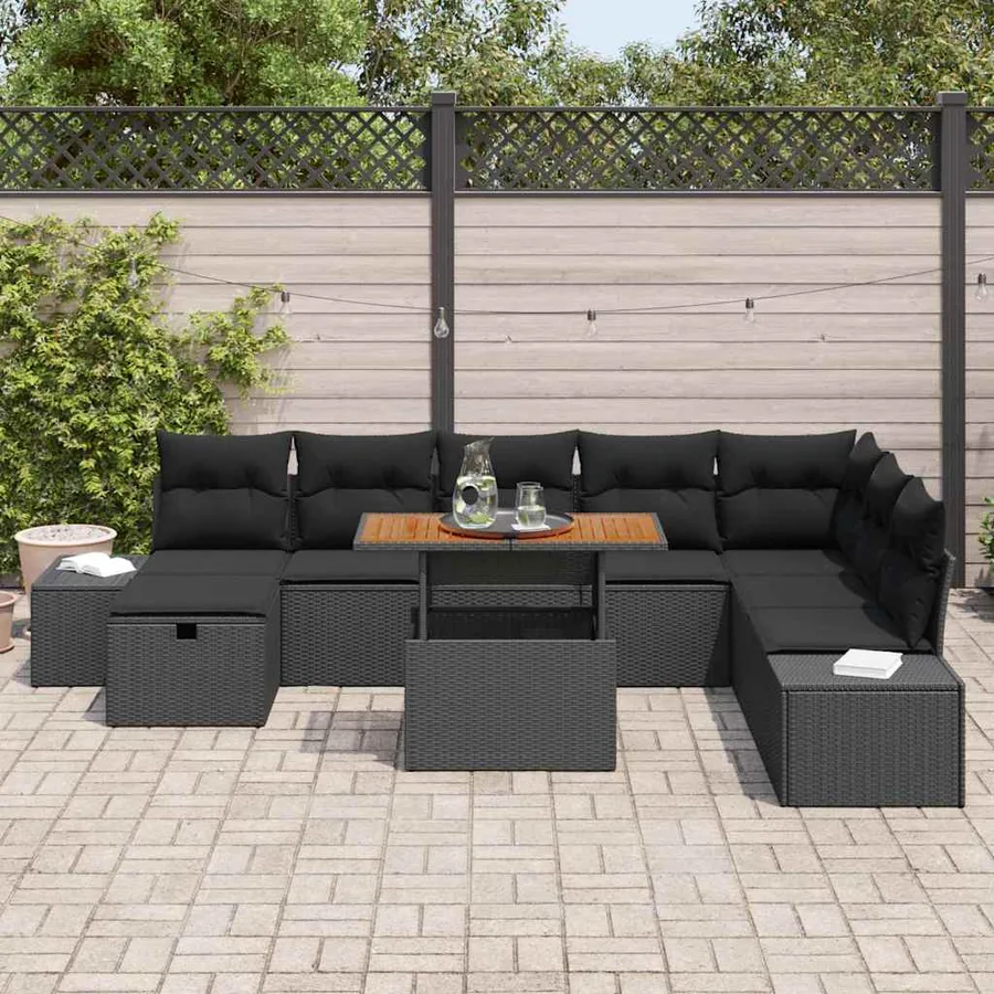 Ensemble de canapé de jardin avec coussin 9 pcs Noir polyrotin - 3