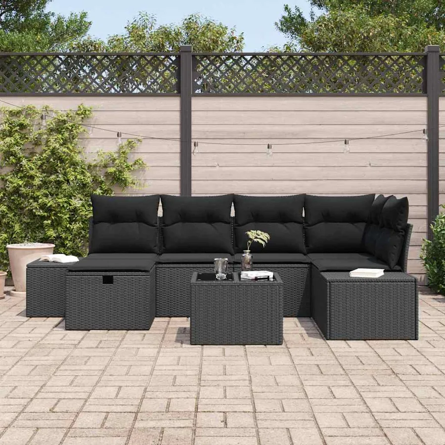 Ensemble de canapé de jardin avec coussin 7 pcs Noir polyrotin - 3